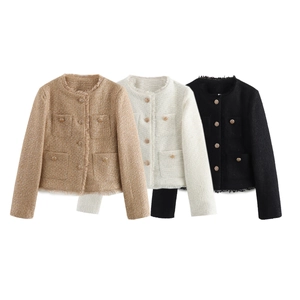 Detailed comparison of tweed jackets in khaki, cream and black with gold buttons
