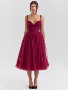 Women Sexy Backless Mesh Midi Dress Elegant Spaghetti Strap Tulle Party Evening Prom Gown Christmas Banquet Solid Color Dress
