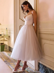 Elegant light mauve tiered mesh midi dress with spaghetti straps and open back