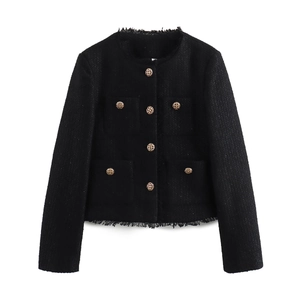 Close-up of black tweed jacket featuring fringe trim and ornate gold metal buttons