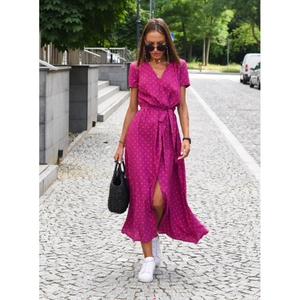 Summer V-neck wrap dress with bright fuchsia fabric and orange polka dot print