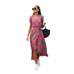 Summer V-neck floral wrap maxi dress with waist tie and side slit in pink and green