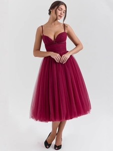 Sexy burgundy backless mesh midi dress with sweetheart neckline for party and banquets
