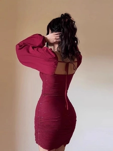 Elegant wine red sparkly party dress with puff sleeves, square neck, and drawstring detail
