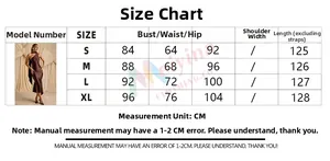 Size chart showing dimensions for the backless satin evening dress in sizes S to XL