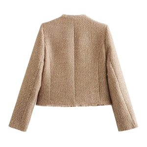 Rear view of brown tweed short jacket with fringed edges and textured weave fabric
