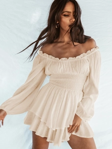 Off-white off-the-shoulder mini dress with smocked waist and tiered lantern sleeve design