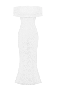 Vue détaillée de la texture de dentelle florale blanche sur une robe sirène bustier