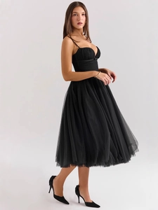 Elegant black backless spaghetti strap tulle dress for Christmas banquets and parties