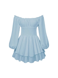 Light blue off-shoulder long sleeve romper dress with ruffled hem and smocked waist