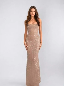 Champagne sequined mermaid evening gown with thin straps and sparkling rhinestones