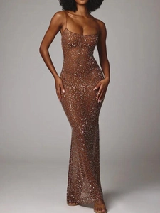 Elegant brown mermaid maxi dress with sparkling rhinestones and thin shoulder straps