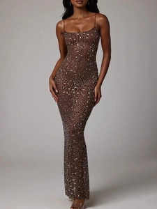 Sparkling brown mermaid evening gown with silver rhinestones and delicate spaghetti straps