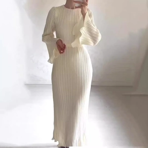 Elegant off-white pleated maxi dress with flared sleeves and crew neck for spring