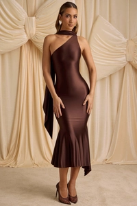 Detail view of chocolate brown one-shoulder satin dress with fish tail and neck scarf