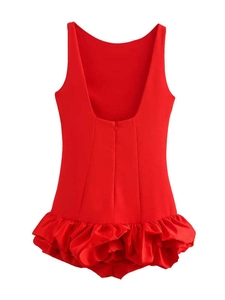 Sexy backless halter neck solid red dress with ruffled hem and slim fit waist
