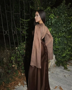 Elegant chocolate brown satin gown featuring dramatic batwing sleeves and lace-up back detail