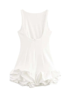 Sleepless white halter neck mini dress with ruffled hem and sexy backless design