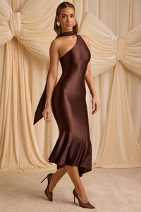 Detail of elegant chocolate brown satin fisheye dress with asymmetrical neckline