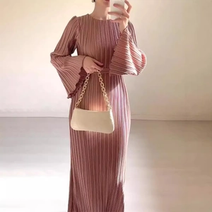 Elegant mauve pleated midi dress with flared long sleeves and a minimalist round neckline