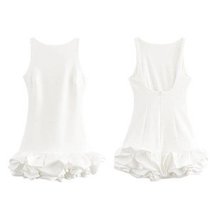 Detail of white sleeveless mini dress featuring backless U-shape and ruffled tiered skirt