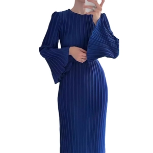 Elegant navy blue pleated midi dress with flared sleeves and slim-fit silhouette
