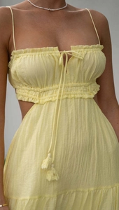 Detail of yellow backless maxi dress featuring waist cut-outs and drawstring bust
