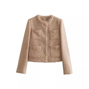 Women's brown tweed jacket with gold metal buttons and fringed trim detail