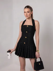 Damen Halfter Ausschnitt Tweed Minikleid Goldene Knöpfe Elegant Falten A-Linie Ärmellos Rückenfrei Party Kleid Slim Fit