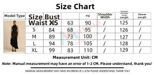 Size chart for the satin backless evening dress showing measurements in CM from XS to XL