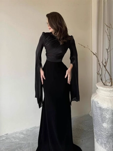 Elegant Batwing Sleeve Maxi Dress Women Slim Fit Round Neck Pleated Split Cape Sleeve Satin Evening Gown Party Dress