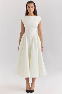 Macro shot of ivory white midi dress with sleeveless high neck and cinched waist design