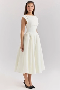 Elegant white sleeveless midi dress with structured shoulders and pleated skirt detail