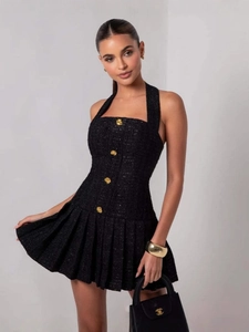 Elegantes schwarzes Tweed-Neckholder-Kleid mit Goldknöpfen und Faltenrock