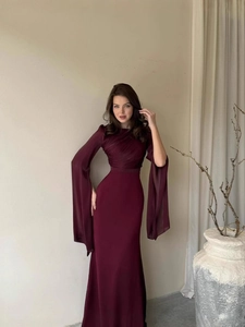 Elegant wine red slim fit evening dress with batwing sleeves and pleated bodice design