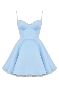 Detail of light blue corset dress showing delicate white lace trim and bodice stitching