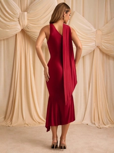 Elegant backless wine red satin evening gown with cape detail and mermaid hem design