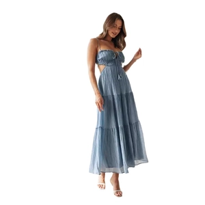 Blue sleeveless long maxi dress with waist cut-outs and ruffled tiered hem design