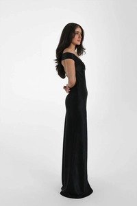 Detail of elegant black off-the-shoulder backless satin mermaid evening gown