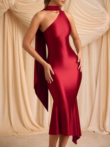 Elegant deep red backless satin evening gown with one-shoulder ribbon and fishtail hem