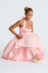 Detail of pink halter puffy dress featuring multi-layer organza tulle and satin bow tie