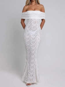 Robe Longue Sexy en Dentelle à Épaules Dénudées pour Femmes Élégante Dos Nu Sirène Moulante de Soirée Mariage