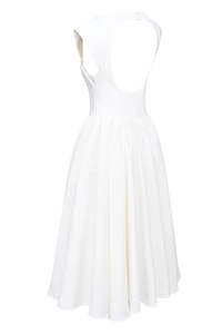 Detailed back view of white backless dress with round cutout and single button closure