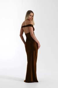 Detail of elegant chocolate brown satin off-shoulder evening dress with an open back design