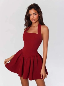 Damen Sexy Halterhals Rückenfrei Rüschen Minikleid Hohe Taille Patchwork A-Linie Ärmellos Partykleid Elegant Abendkleid