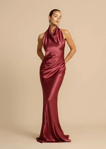 Close-up of the elegant cowl neck and silk-like satin texture of this dark red dress