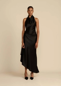 Elegant backless satin evening dress featuring a sophisticated halter neck and side slit