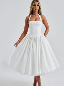 Women Elegant Halter Neck Dress Vintage Backless Puffy Tulle Midi Dress For Wedding Party Evening Banquet Lady Clothing