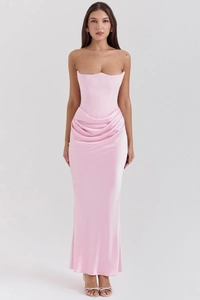 Detailed corset waist and elegant pleated satin fabric of pink strapless maxi dress