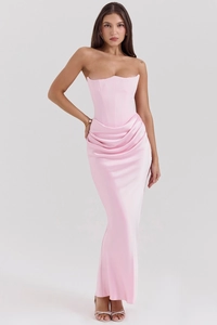 Detail of pink satin evening gown featuring corset bodice and asymmetric pleated draping